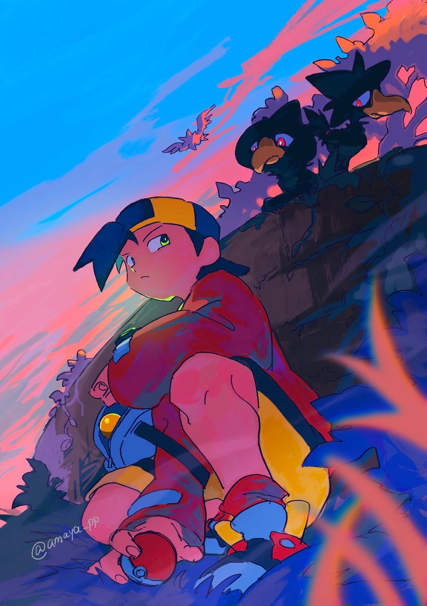ethan and murkrow (pokemon and 1 more) drawn by amaya_uw
