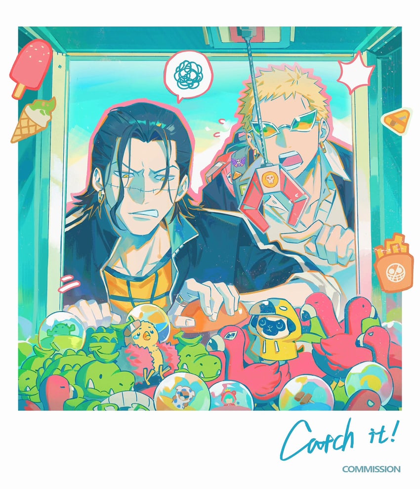 donquixote doflamingo, crocodile, sugar, and mr. 13 (one piece) drawn by zoewadewilson