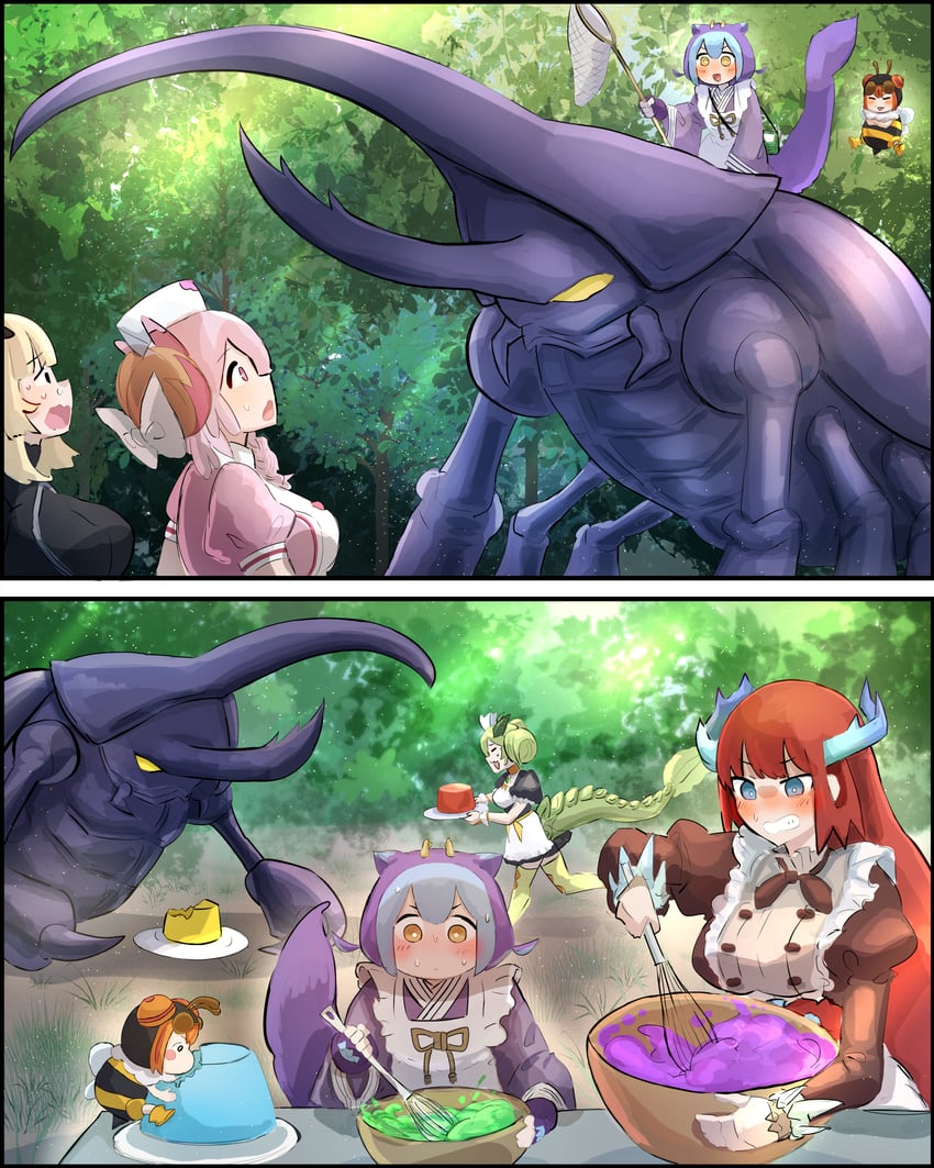 laundry dragonmaid, parlor dragonmaid, nurse dragonmaid, wannabee!, and hercules beetle (yu-gi-oh!) drawn by hatano_kiyoshi