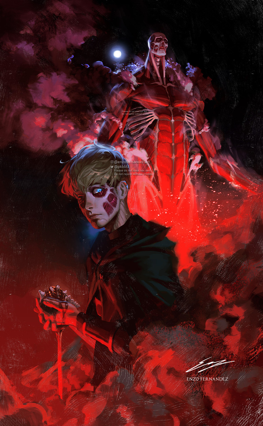 armin arlert, titan, and colossal titan (shingeki no kyojin) drawn by enzo_fernandez