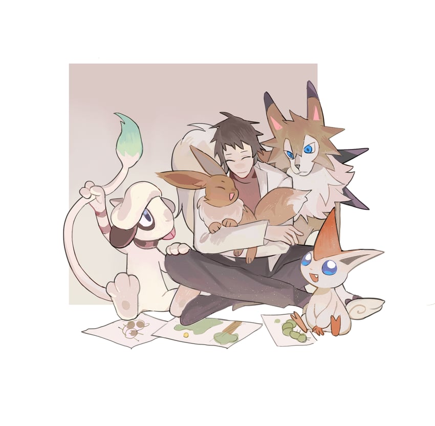 eevee, harada minoru, lycanroc, victini, and smeargle (pokemon and 1 more) drawn by yulei_yuuuuu