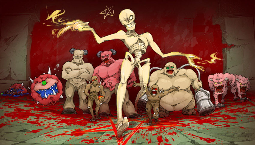 cacodemon, imp, baron of hell, mancubus, pinky demon, and 2 more (doom and 1 more) drawn by kurashiki_nanka