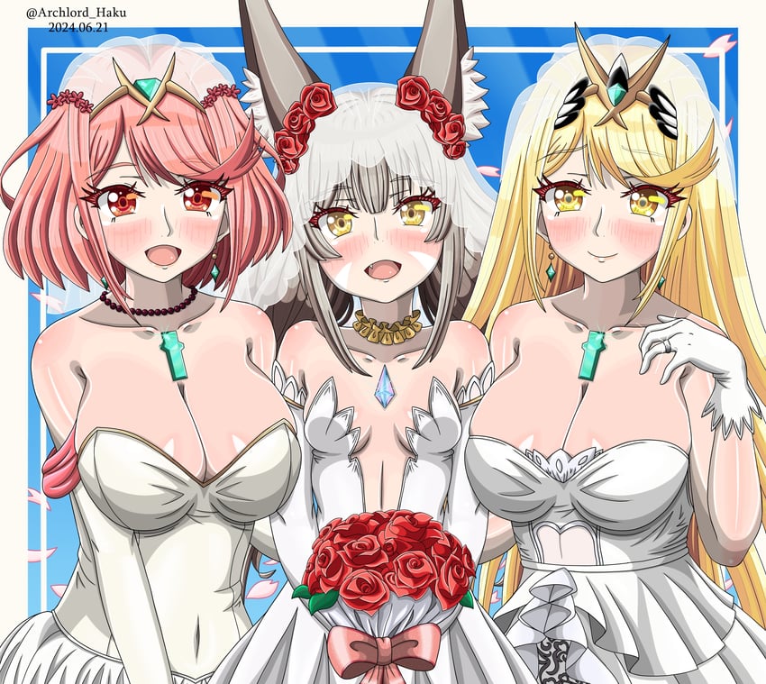 pyra, mythra, and nia (xenoblade chronicles and 1 more) drawn by archlord_haku