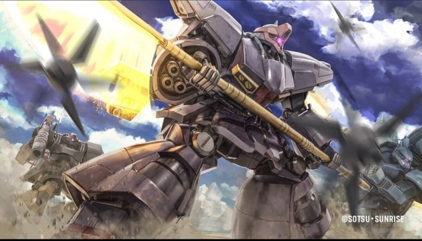 dom, gelgoog, and dreissen (gundam and 4 more) drawn by tenjin_hidetaka