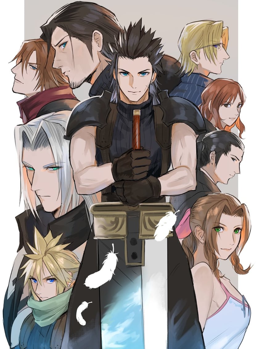 cloud strife, aerith gainsborough, sephiroth, zack fair, genesis rhapsodos, and 4 more (final fantasy and 2 more) drawn by jjn_ff7