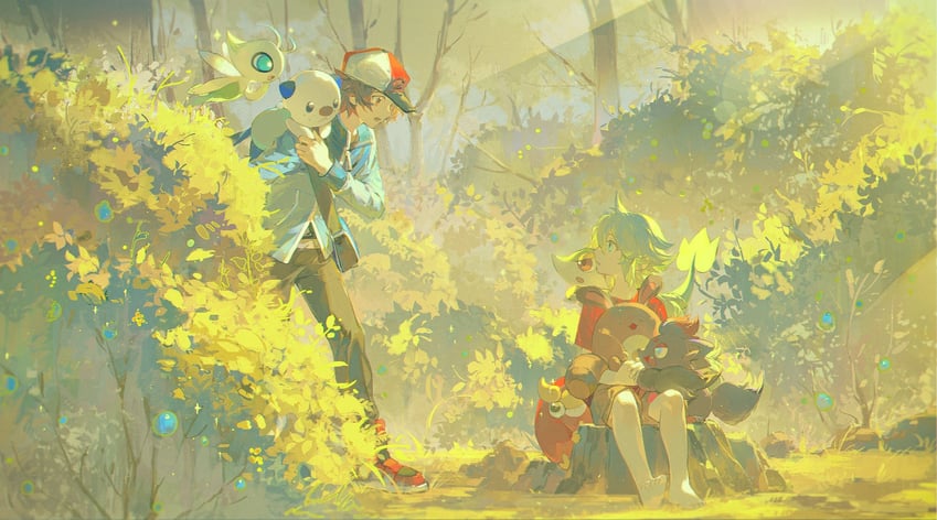hilbert, n, oshawott, snivy, celebi, and 3 more (pokemon and 1 more) drawn by alannoran