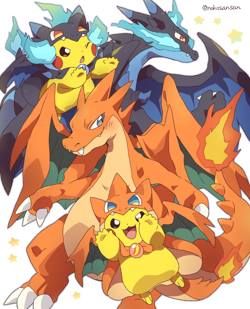 pikachu, charizard, mega charizard x, and mega charizard y (pokemon) drawn by roku_(rokkrn)