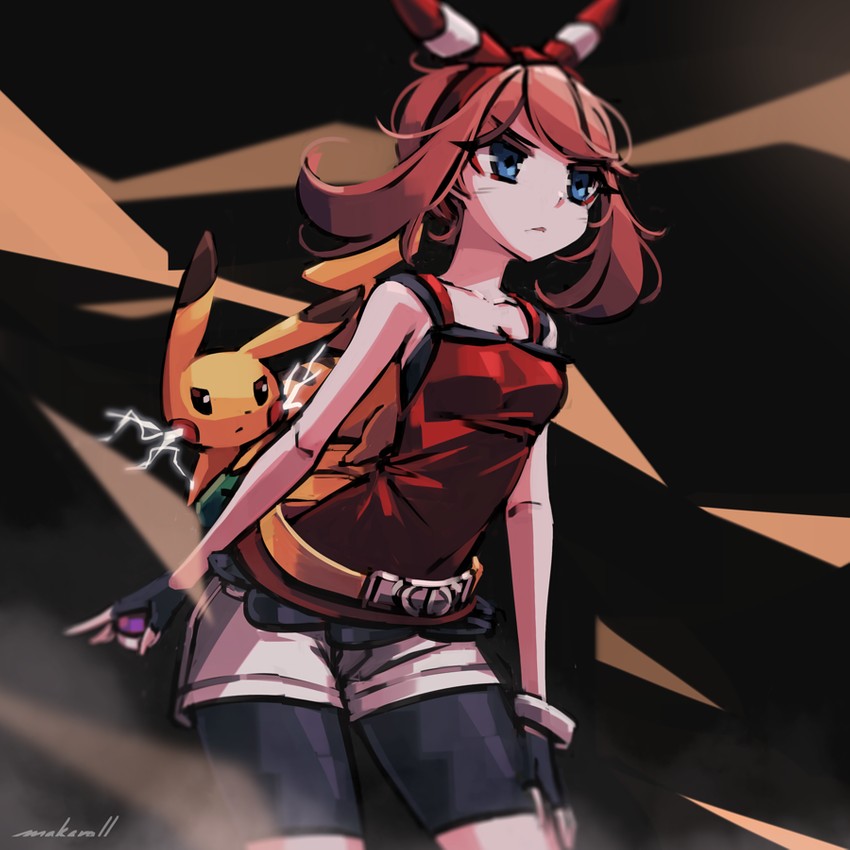 pikachu and may (pokemon and 1 more) drawn by makaroll