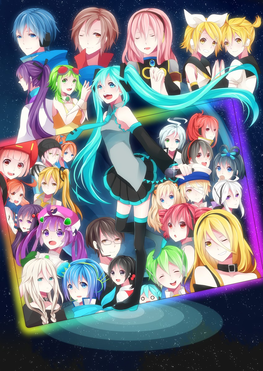 hatsune miku, kagamine rin, kagamine len, megurine luka, kasane teto, and 26 more (vocaloid and 4 more) drawn by achiki