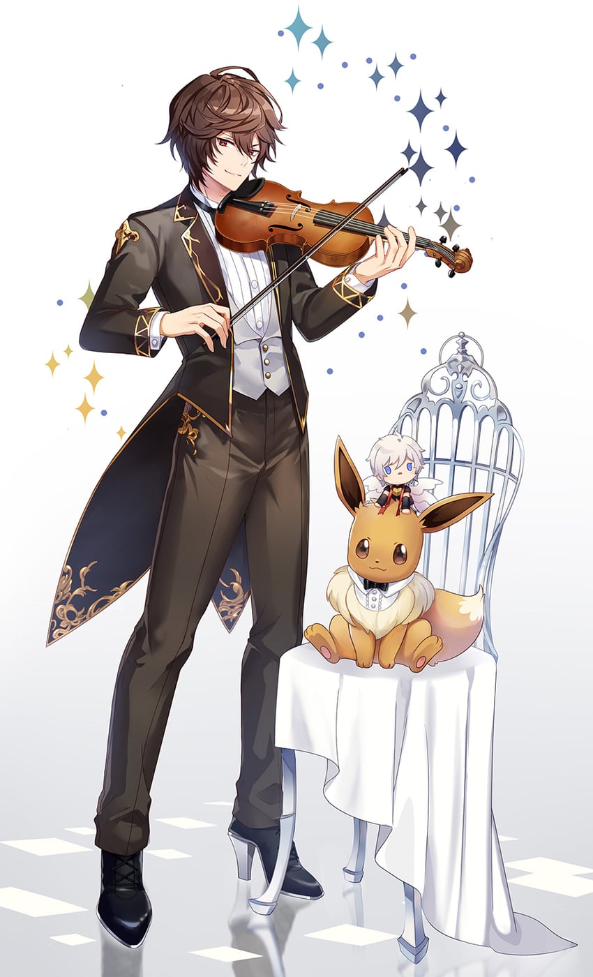 eevee, sandalphon, and lucifer (pokemon and 1 more) drawn by jiman