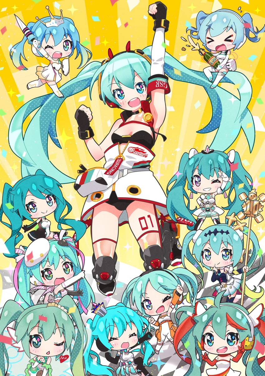 hatsune miku and racing miku (vocaloid and 1 more) drawn by fuusen_neko