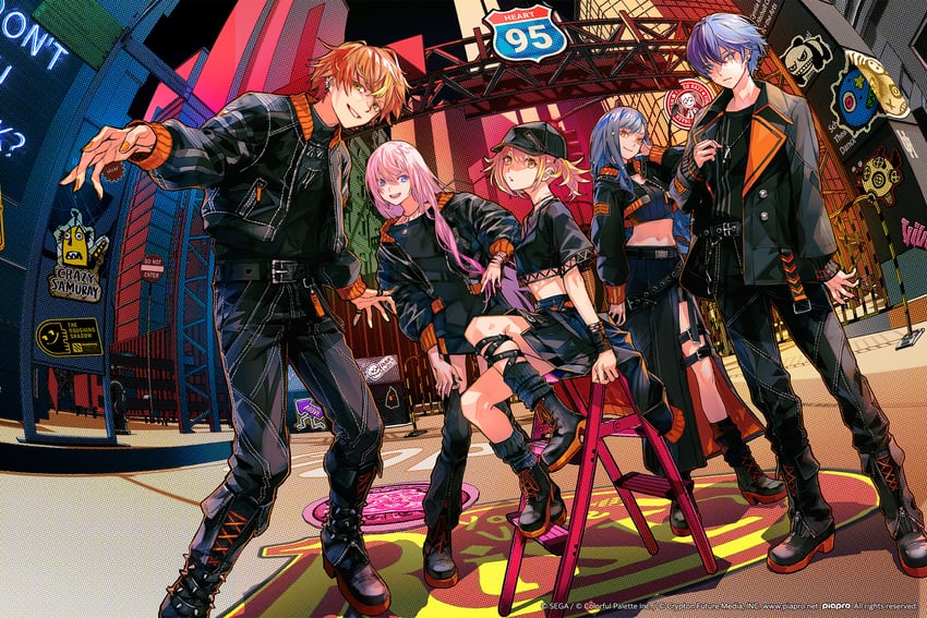 megurine luka, shinonome akito, shiraishi an, aoyagi touya, azusawa kohane, and 1 more (vocaloid and 1 more) drawn by redjuice
