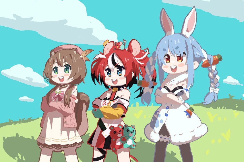 usada pekora, hakos baelz, don-chan, ayunda risu, and mr. squeaks (hololive and 2 more) drawn by shimotsu.