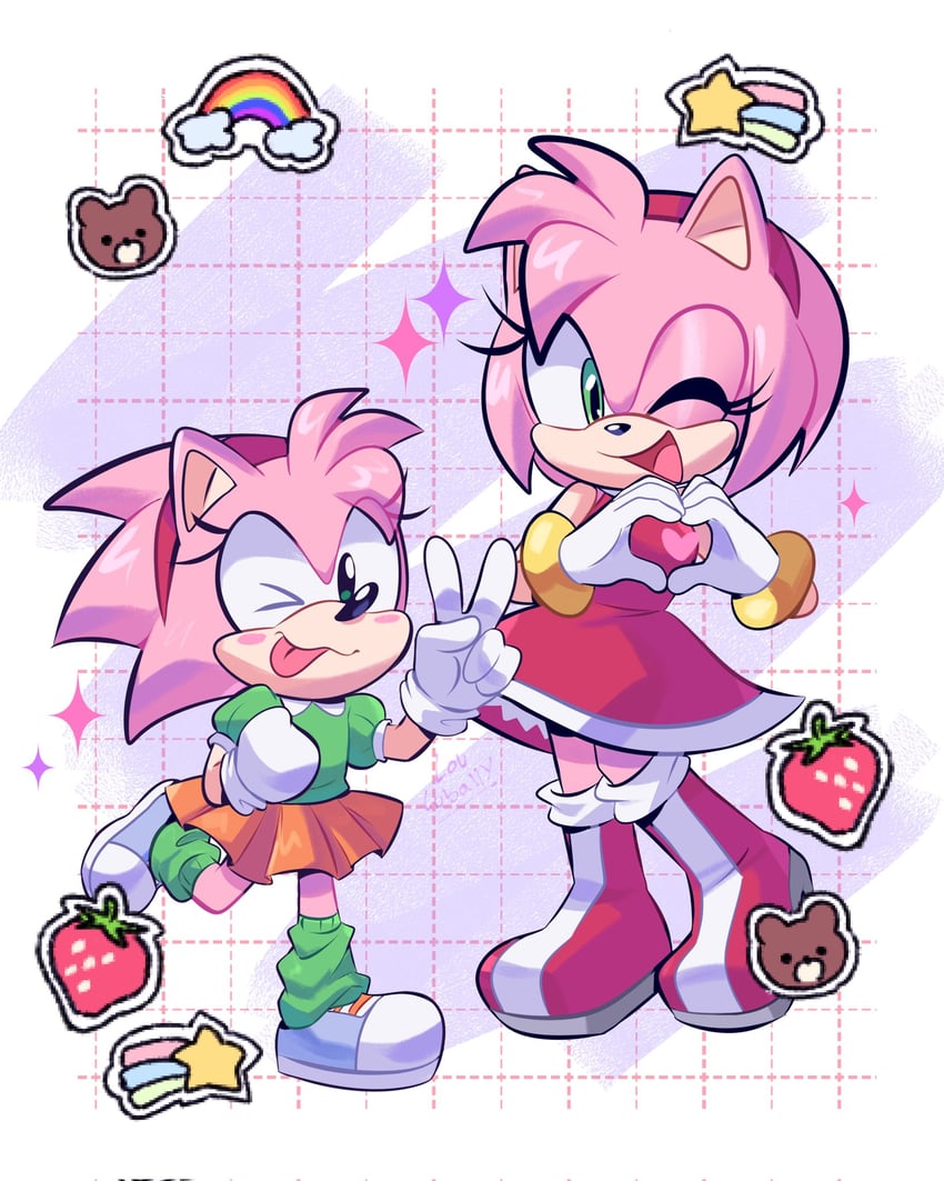 amy rose and classic amy (sonic and 1 more) drawn by lou_lubally