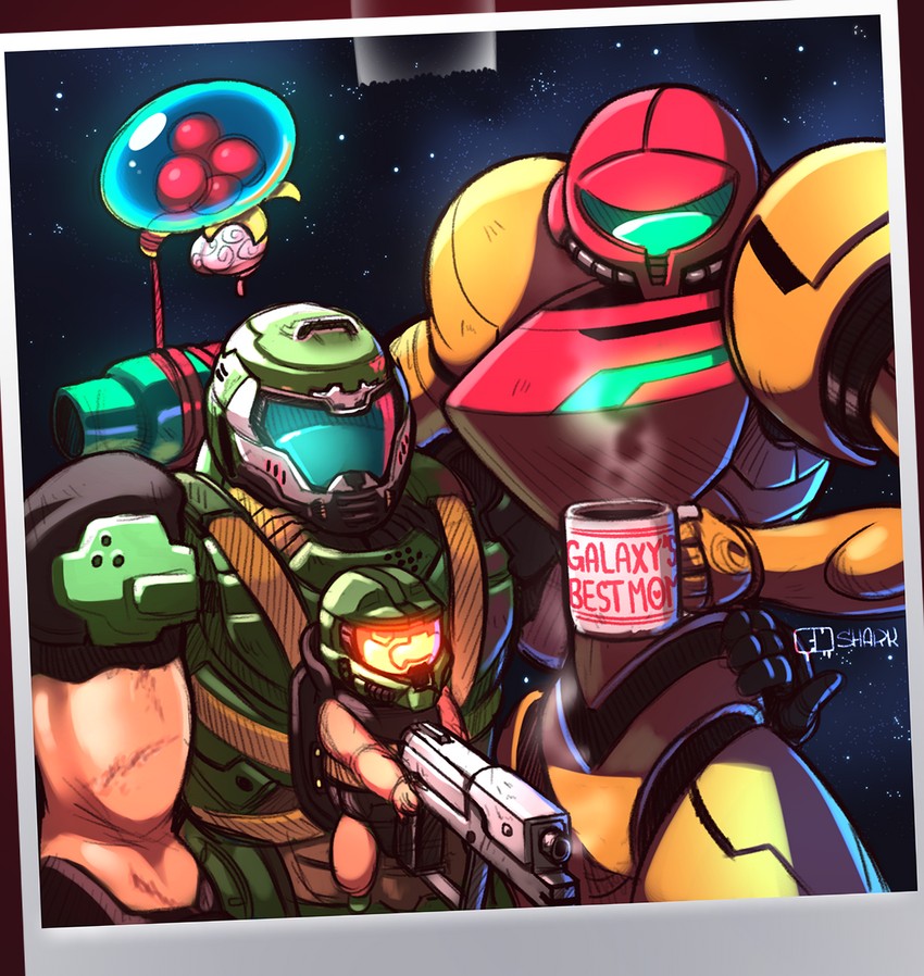 samus aran, metroid, metroid larva, doomguy, and master chief (metroid and 3 more) drawn by fu_shark