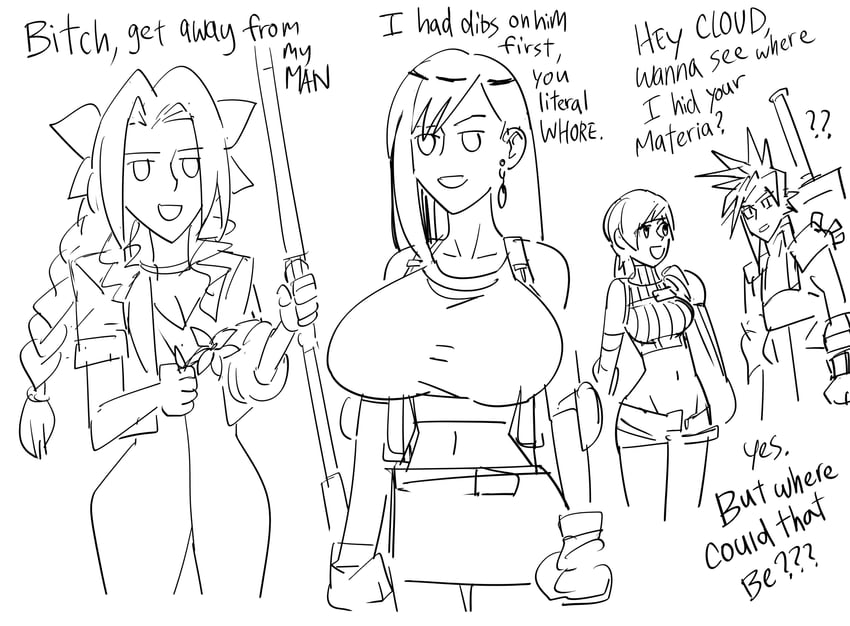 tifa lockhart, cloud strife, aerith gainsborough, and yuffie kisaragi (final fantasy and 1 more) drawn by bb_(baalbuddy)