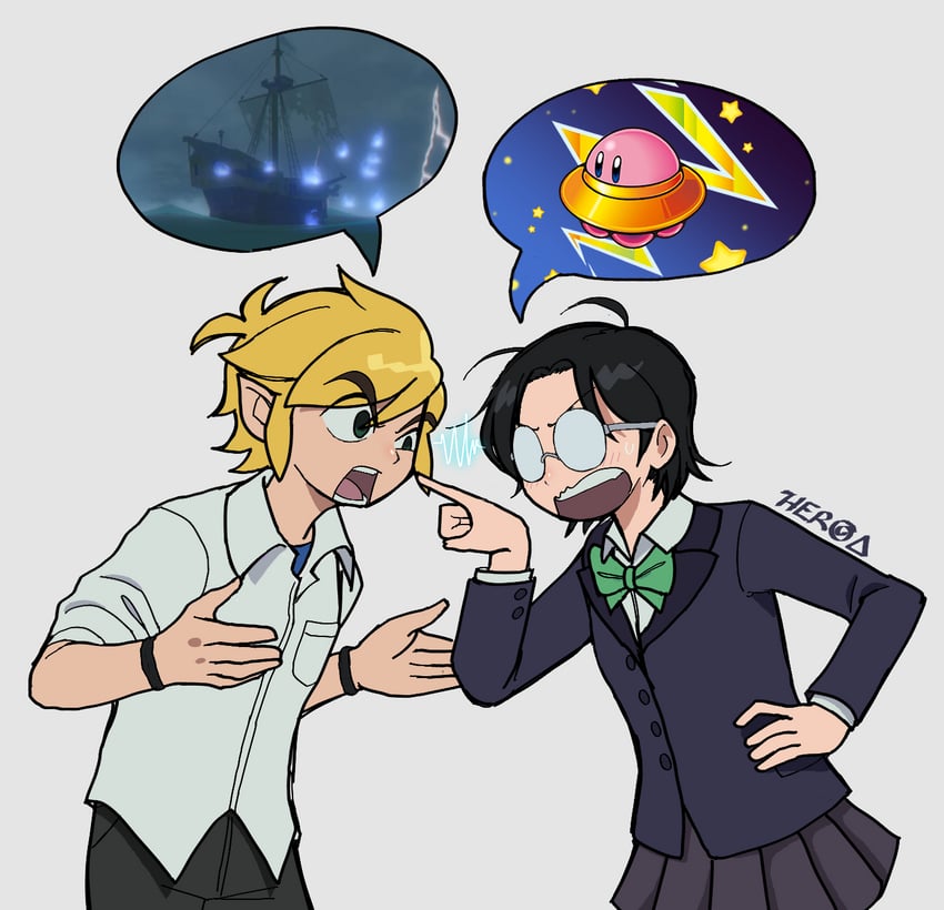 link, kirby, toon link, adeleine, and ufo kirby (the legend of zelda and 3 more) drawn by kaze_n0_takuto