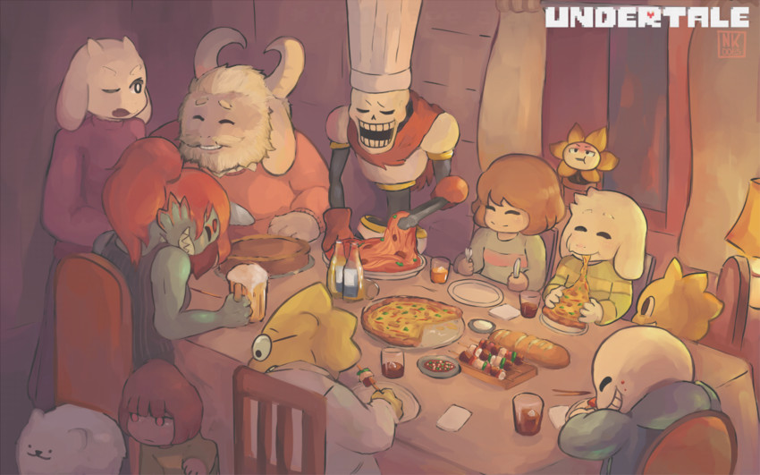 frisk, chara, sans, undyne, papyrus, and 7 more (undertale) drawn by caribun and littlebigkid2000