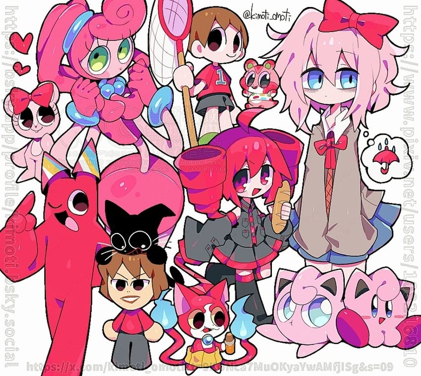 kasane teto, kirby, jigglypuff, sayori, villager, and 6 more (pokemon and 8 more) drawn by kimoti_omoti