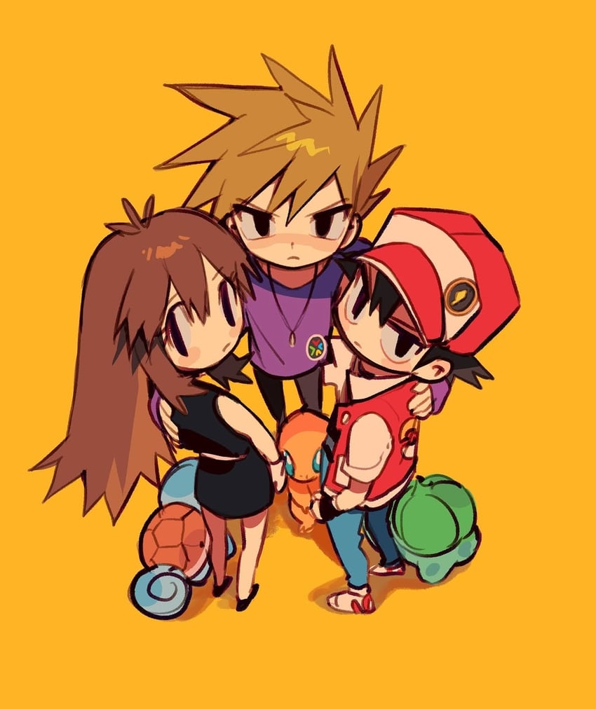 red, blue oak, and green (pokemon and 1 more) drawn by kiriato_304