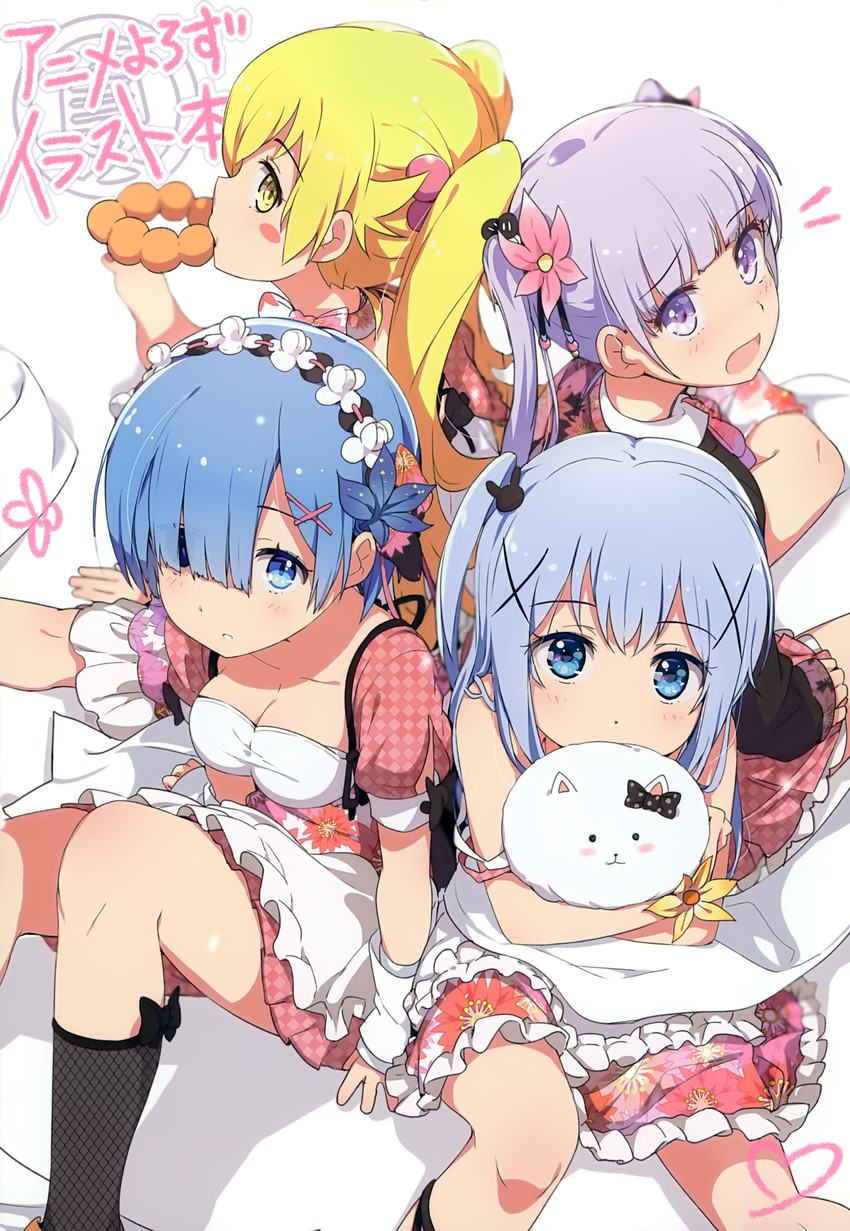 rem, kafuu chino, oshino shinobu, tippy, suzukaze aoba, and 1 more (re:zero kara hajimeru isekai seikatsu and 3 more) drawn by ogipote