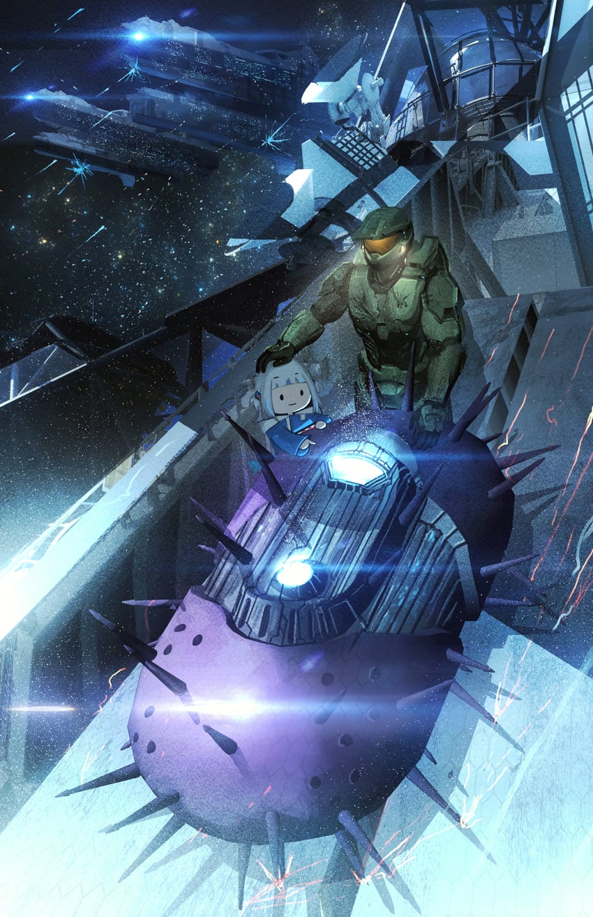 gawr gura and master chief (hololive and 3 more) drawn by advarcher