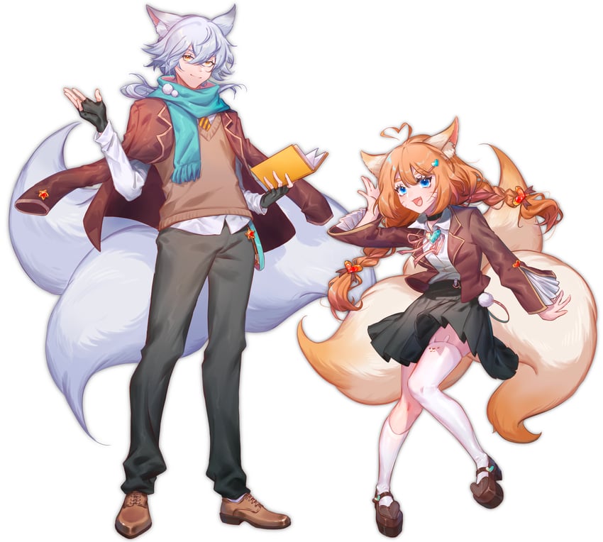 eight-tailed fox nari and nine tailed fox garam (guardian tales) drawn by box_galaxy