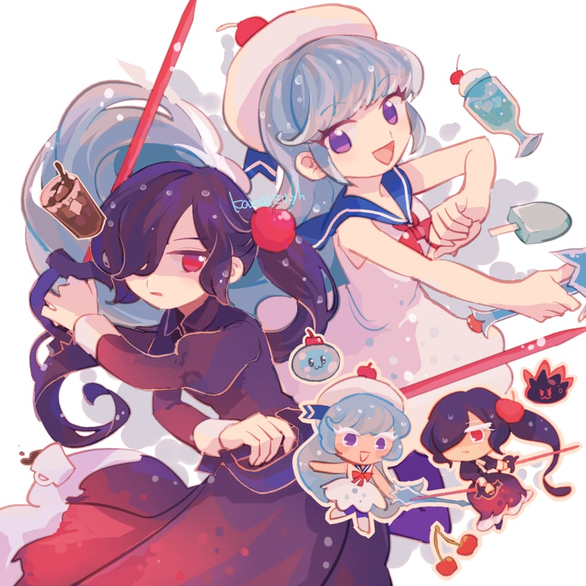 cream soda cookie, cherry cola cookie, soda dollop, and pop-pop bubble (cookie run and 2 more) drawn by kanaizu_yh