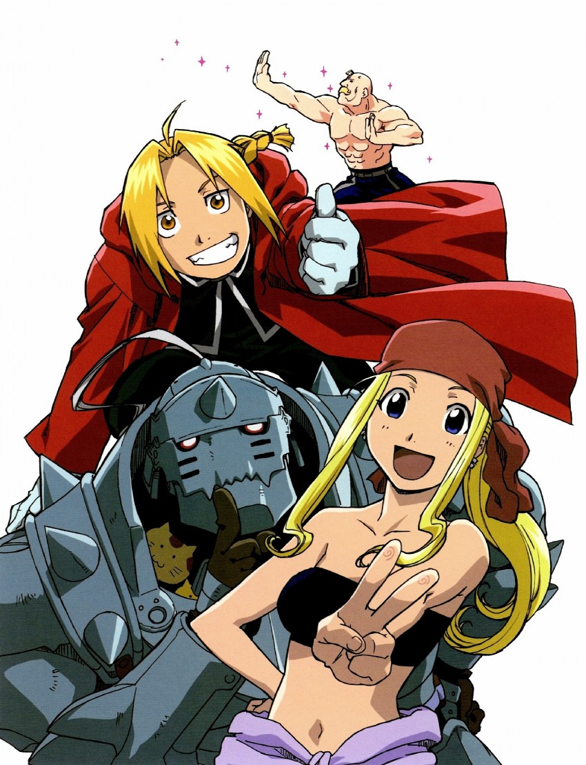edward elric, alphonse elric, winry rockbell, and alex louis armstrong (fullmetal alchemist)