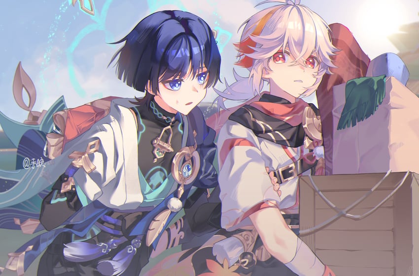 scaramouche, wanderer, and kaedehara kazuha (genshin impact) drawn by siying