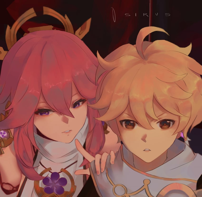 aether and yae miko (genshin impact) drawn by d_sirus