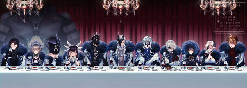 scaramouche, tartaglia, arlecchino, columbina, signora, and 6 more (genshin impact) drawn by roge_gnsn