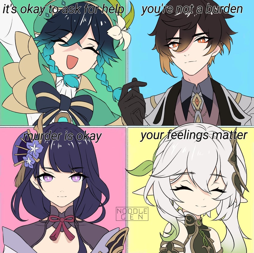 raiden shogun, nahida, zhongli, and venti (genshin impact) drawn by noodlegen