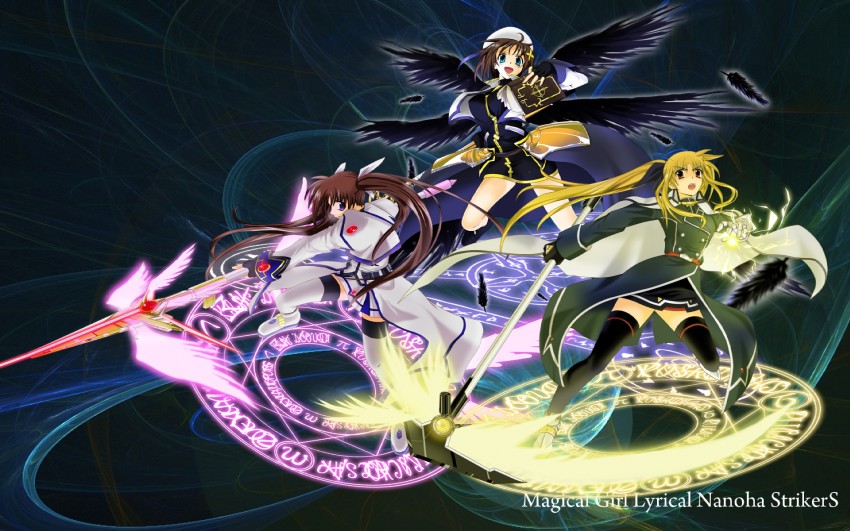 fate testarossa, takamachi nanoha, yagami hayate, raising heart, bardiche, and 2 more (lyrical nanoha and 1 more) drawn by eternalchaos