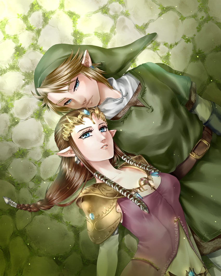 link and princess zelda (the legend of zelda and 1 more) drawn by wasabi_(legemd)
