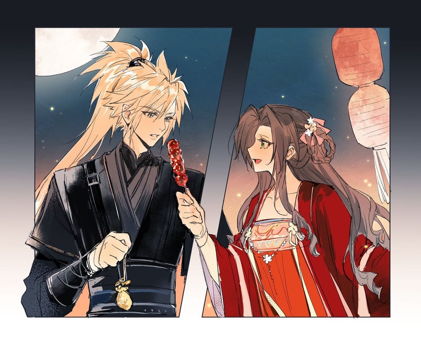 cloud strife and aerith gainsborough (final fantasy and 3 more) drawn by bashao