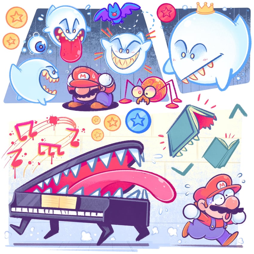 mario, king boo, swoop, mad piano, mr. i, and 2 more (mario and 2 more) drawn by mostlyghostly