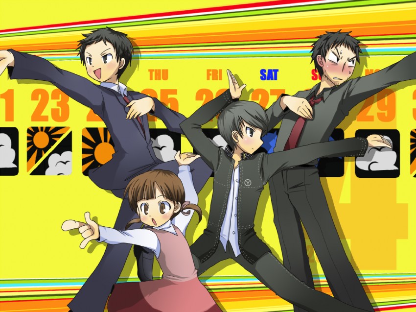 narukami yu, doujima nanako, adachi tooru, and doujima ryoutarou (persona and 1 more) drawn by chiizu_ochaduke
