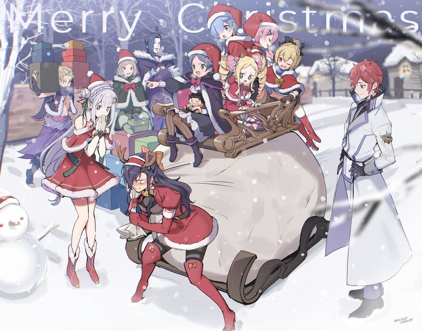 rem, emilia, ram, natsuki subaru, beatrice, and 7 more (re:zero kara hajimeru isekai seikatsu) drawn by kumuo_(mirakurufusao)