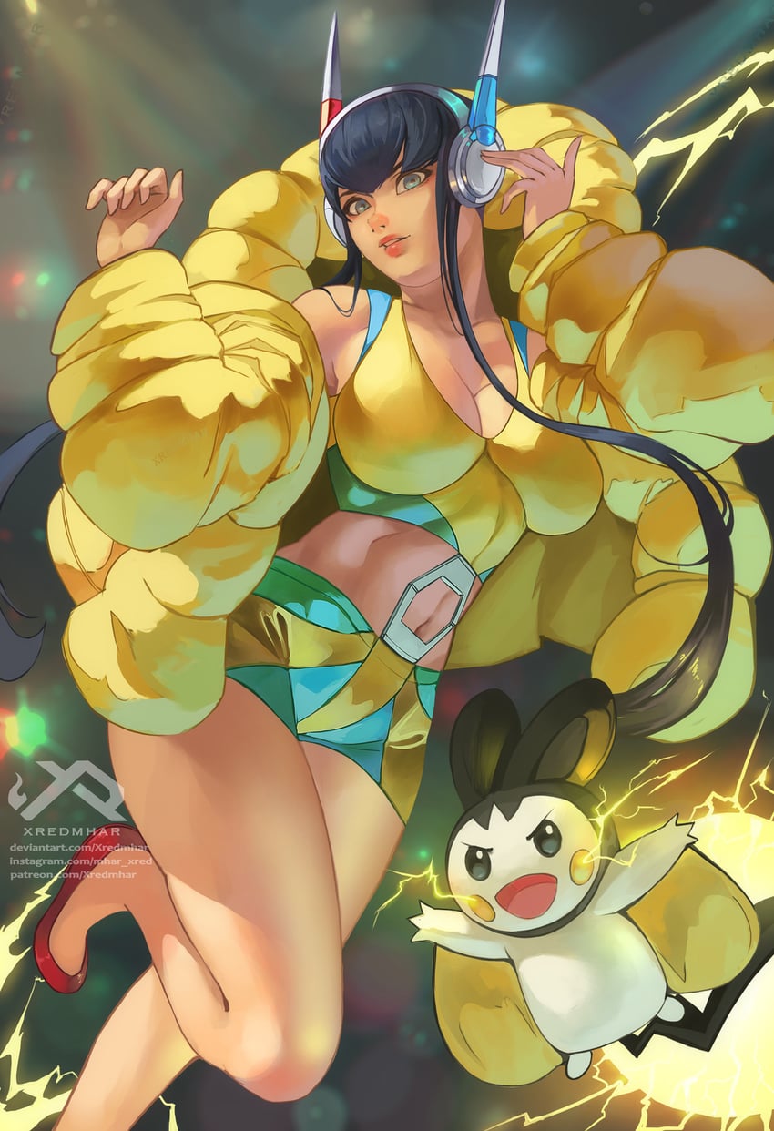 elesa and emolga (pokemon and 1 more) drawn by xredmhar