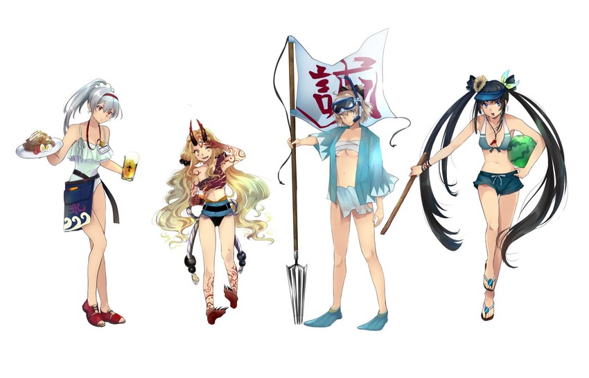 okita souji, tomoe gozen, ibaraki douji, and ushiwakamaru (fate and 1 more) drawn by bechoru02