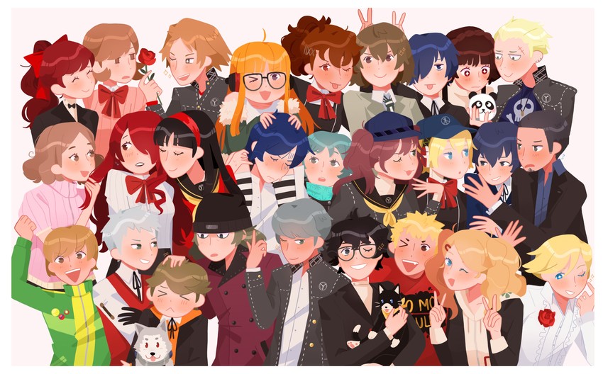 narukami yu, yuuki makoto, amamiya ren, shirogane naoto, satonaka chie, and 24 more (persona and 5 more) drawn by sodapeche