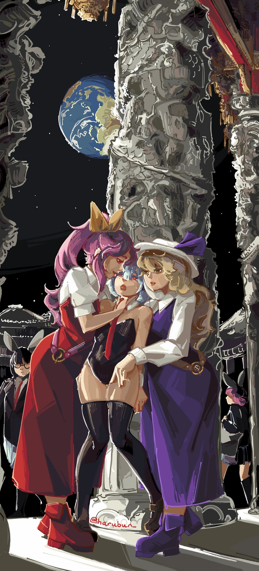 watatsuki no yorihime, watatsuki no toyohime, reisen, and moon rabbit extra (touhou) drawn by haru_bun