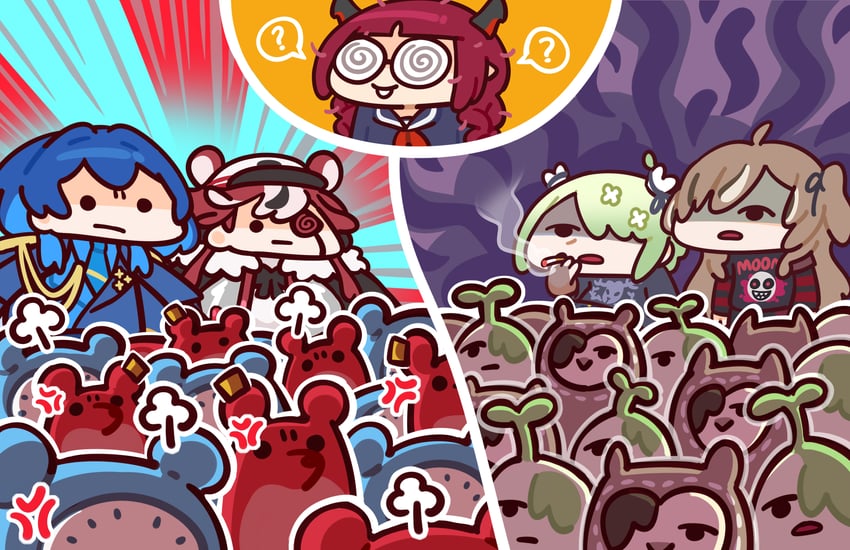 ouro kronii, nanashi mumei, hakos baelz, ceres fauna, kronie, and 4 more (hololive and 1 more) drawn by keenbiscuit