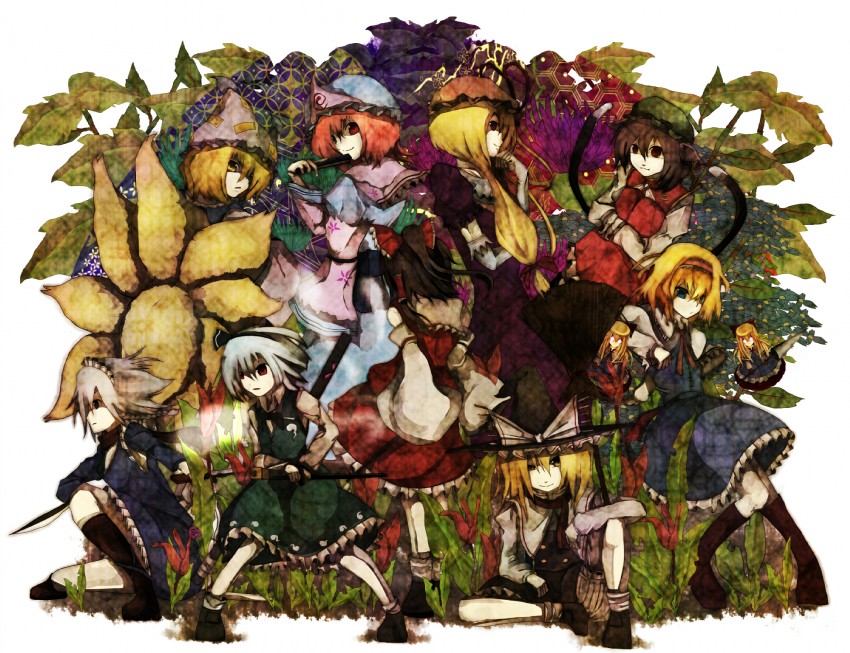 hakurei reimu, kirisame marisa, konpaku youmu, alice margatroid, yakumo yukari, and 3 more (touhou) drawn by tokoroten_(hmmuk)