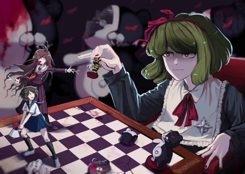 monokuma, fukawa toko, naegi komaru, genocider shou, towa monaca, and 3 more (danganronpa and 1 more) drawn by lily_(superkiiisa)