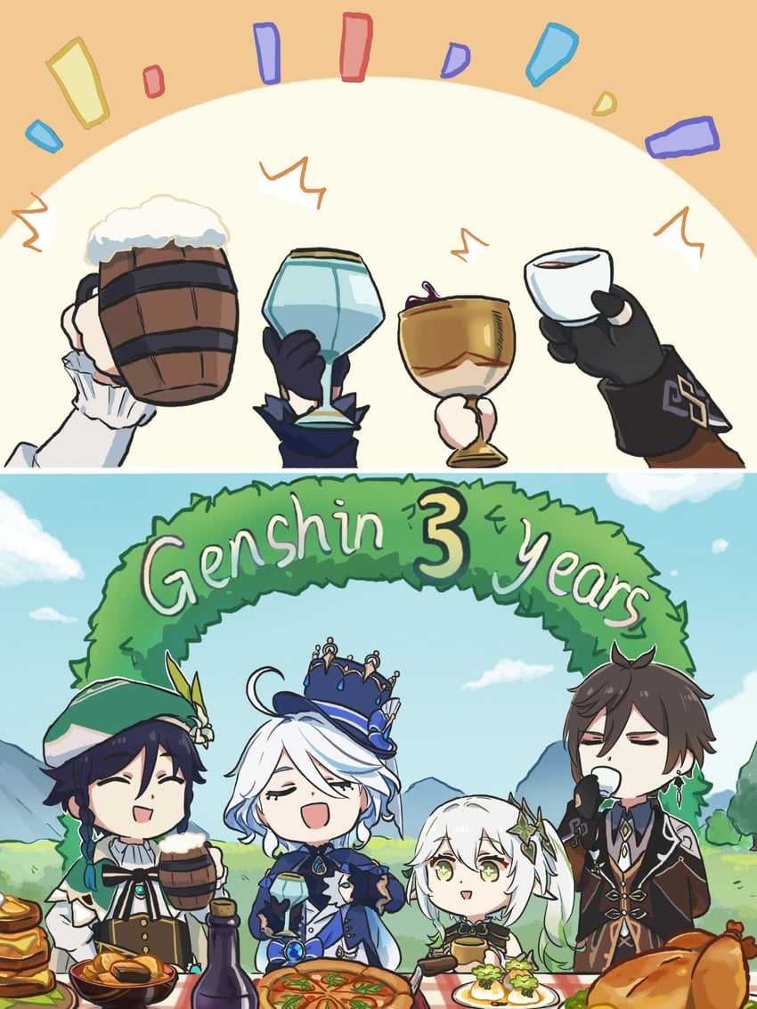 furina, nahida, zhongli, and venti (genshin impact) drawn by xinzoruo