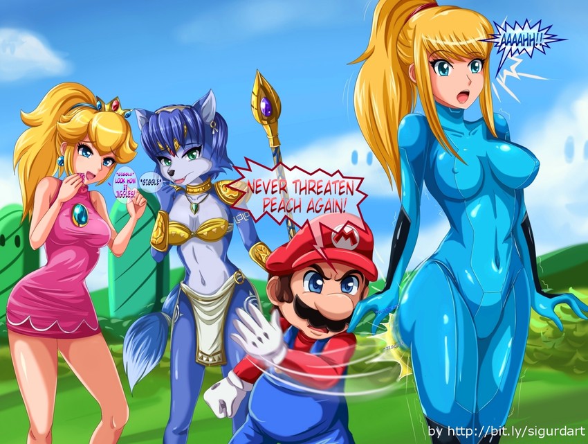 princess peach, samus aran, mario, and krystal (mario and 5 more) drawn by sigurd_hosenfeld
