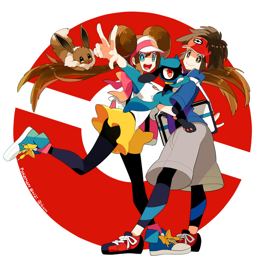 rosa, eevee, nate, and riolu (pokemon and 1 more) drawn by gum_(gmng)