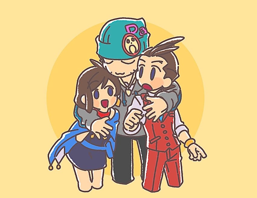 phoenix wright, apollo justice, and trucy wright (ace attorney and 1 more) drawn by lcageki